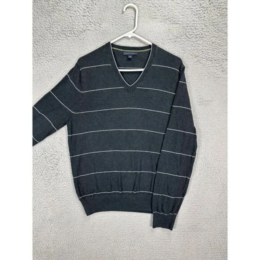 Banana Republic V-Neck Sweater Men Large Black Pencil Stripe Silk Nylon Cashmere